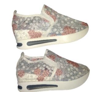 Floral Embroidery Mesh Sneakers  Wedges White Rose Casual Shoes Sz 8